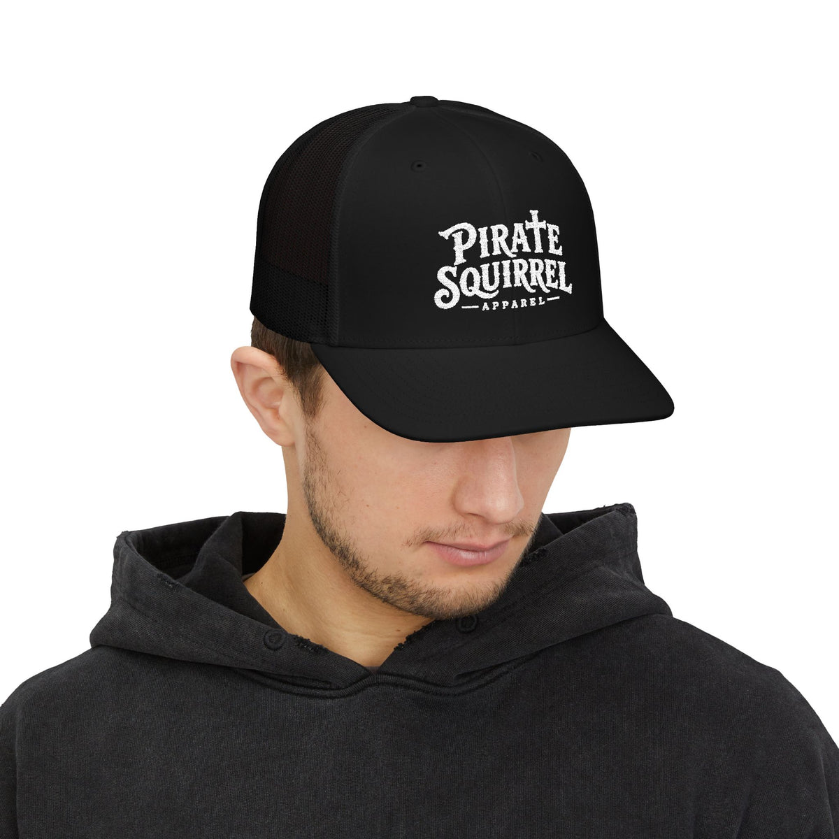 Pirate Squirrel Trucker Cap — Vintage Logo Mesh Snapback